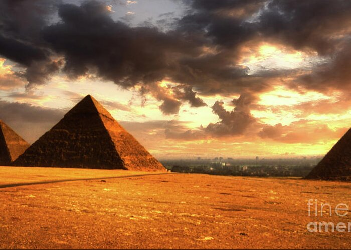 Giza Greeting Card featuring the photograph Pyramids of Giza by Kype Hills