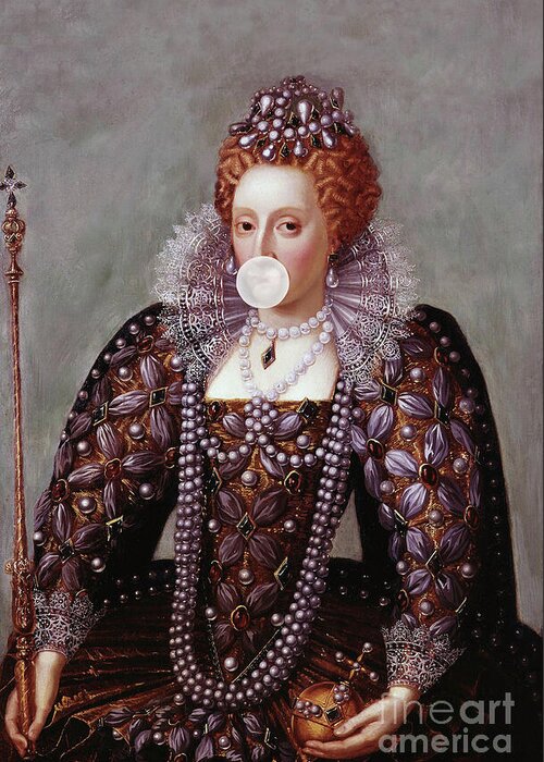 Queen Elizabeth I Greeting Card featuring the digital art Queen Elizabeth I with pearls blowing bubble gum by Artworkzee Designs