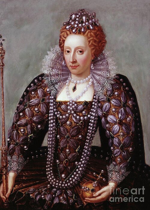 Queen Elizabeth I Greeting Card featuring the digital art Queen Elizabeth I with string of pearls by Artworkzee Designs