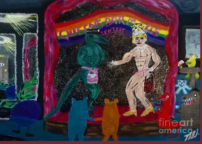 Lgbtq Greeting Card featuring the painting Queens bar muscle contest by David Westwood