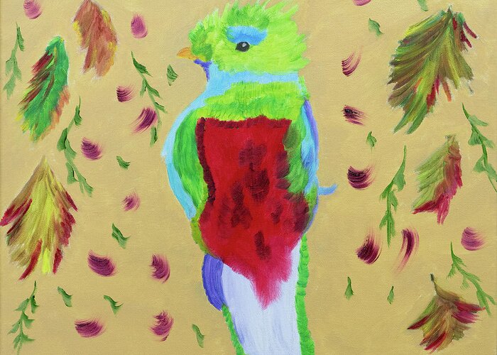 Quetzal Bird Greeting Card featuring the painting Quetzal in Rainbows by Meryl Goudey