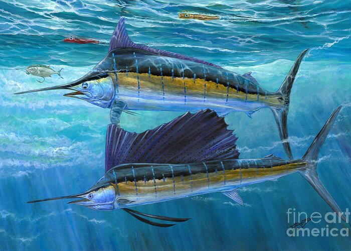 Blue Marlin Greeting Card featuring the painting Race With Lures And Bait by Terry Fox