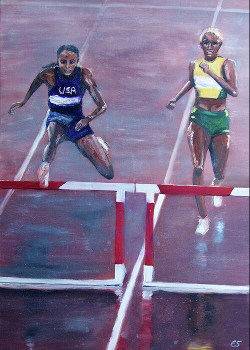 Dalilah Muhammad; Janieve Russell; Tokyo Summer Olympics; 2020; Athletes Greeting Card featuring the painting Racing in the Rain by Evelyn Snyder