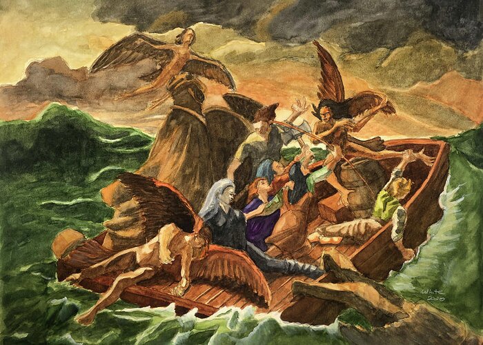 Fantasy Greeting Card featuring the painting Raft of The Harpies by Dominic White