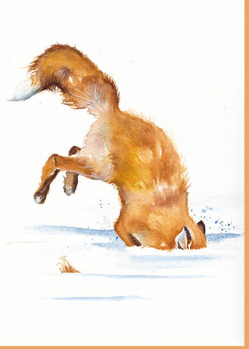 Fox Greeting Card featuring the painting Raiding the Freezer - Diving Fox by Debra Hall
