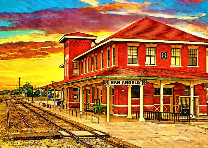 Railway Museum Greeting Card featuring the digital art Railway Museum of San Angelo, Texas, at sunset - digital painting by Nicko Prints