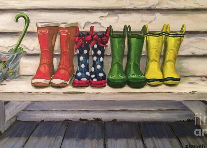 Paintings Greeting Card featuring the painting Rain Boots by Sherrell Rodgers