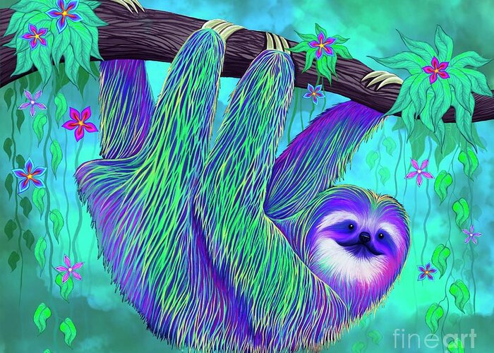 Sloth Greeting Card featuring the digital art Rain Forest Flowers Sloth by Nick Gustafson