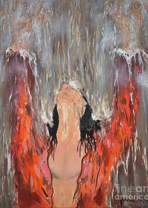 Rain Woman Water Waterfall Wet Shower Orange Black Hair Hands Up Drops Acrylic On Canvas Miroslaw Chelchowski Painting Print Greeting Card featuring the painting Rain by Miroslaw Chelchowski