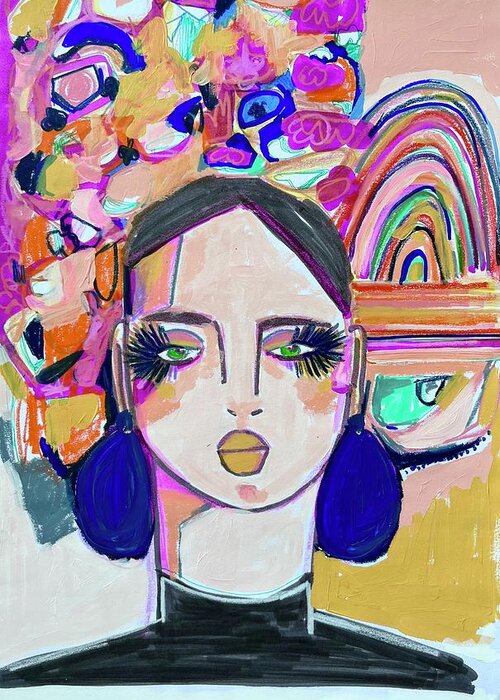 Abstract Face Art Greeting Card featuring the mixed media Rainbow Abstract Portrait Bohemian by Rosalina Bojadschijew