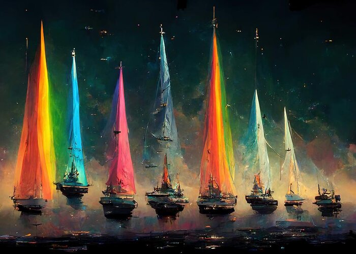 Sailing Greeting Card featuring the digital art Rainbow Fleet by Nickleen Mosher