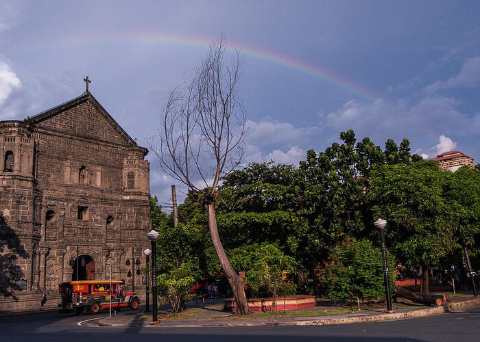 Rainbow Greeting Card featuring the photograph Rainbow over Malate Church by Arj Munoz