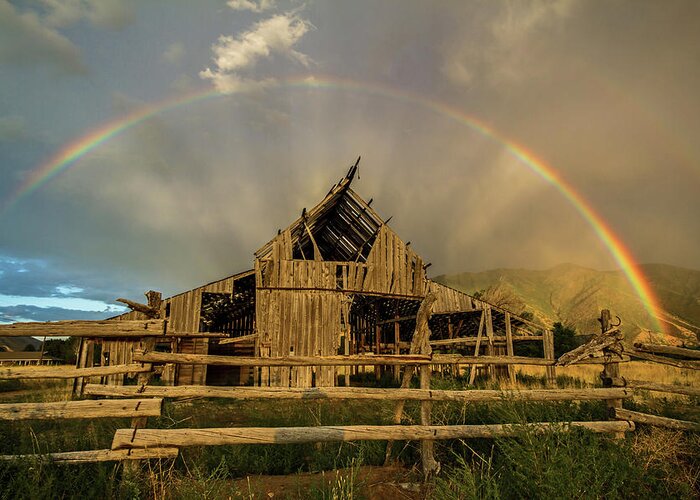 Barn Greeting Card featuring the photograph Rainbow over Mapleton Barn by Wesley Aston