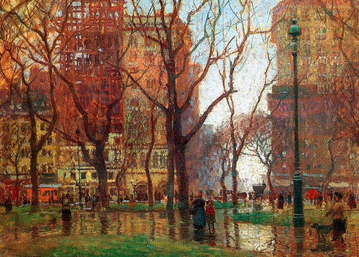 Cornoyer Greeting Card featuring the painting Rainy Day Madison Square New York 1907 by Paul Cornoyer