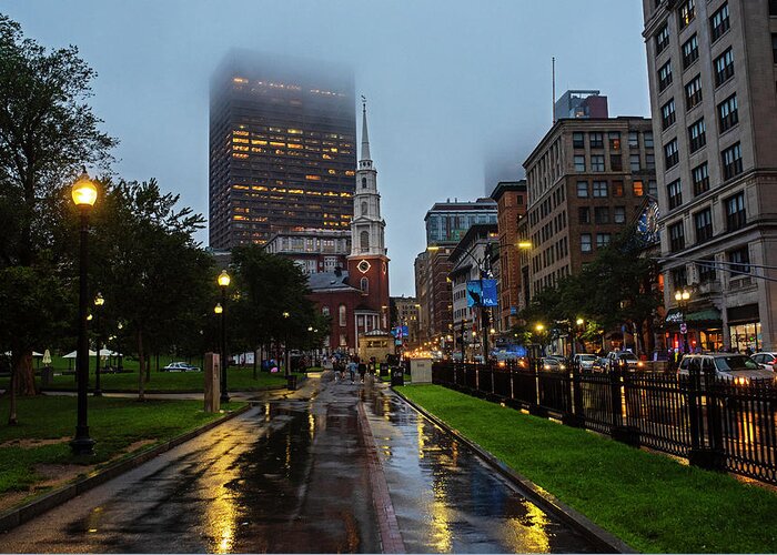 Boston Greeting Card featuring the photograph Rainy Day on the Boston Common Boston MA Tremont Street Park Street Church by Toby McGuire