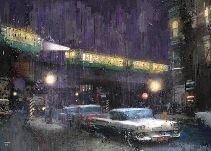 Cta Greeting Card featuring the painting Rainy Night - 58 Chevy and Ravenswood Trains by Glenn Galen