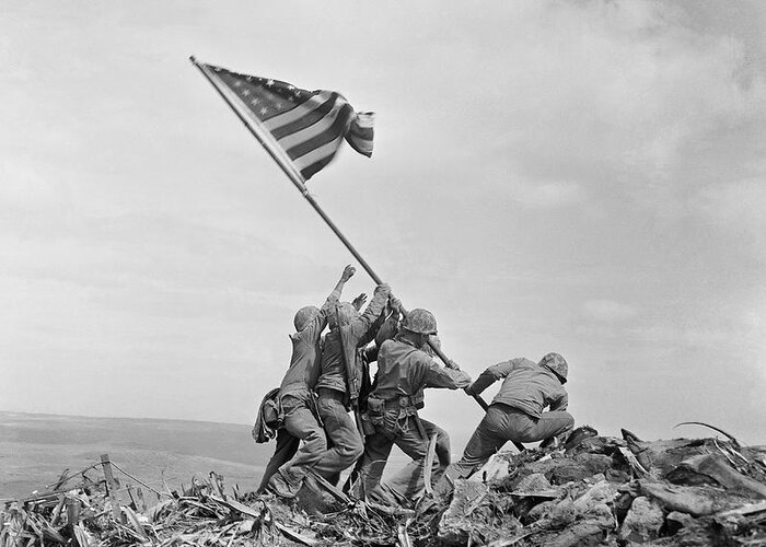 Iwo Jima Greeting Card featuring the photograph Raising the Flag on Iwo Jima - WW2 - 1945 by War Is Hell Store