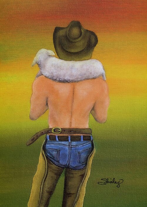 Rancher Greeting Card featuring the painting Rancher with Lamb by Shirley Dutchkowski