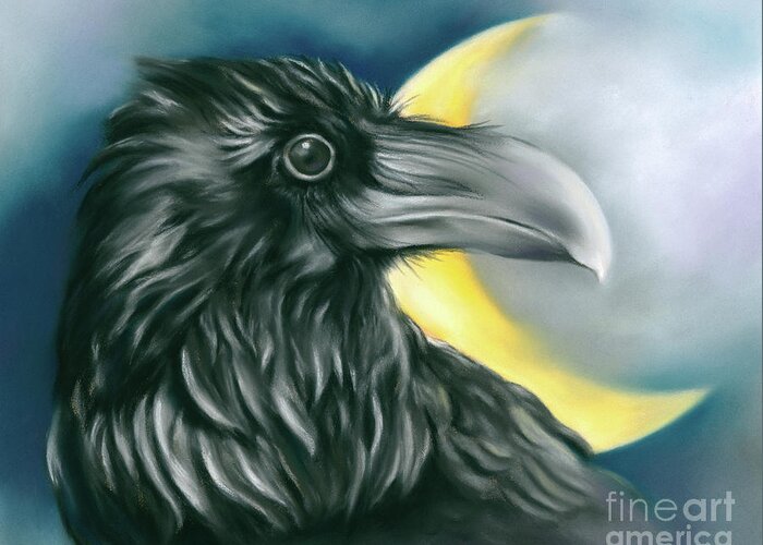 Bird Greeting Card featuring the painting Raven and Crescent Moon by MM Anderson