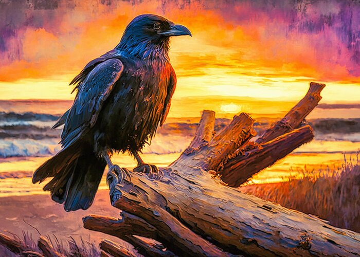 Abstract Greeting Card featuring the digital art Raven on Driftwood by Craig Boehman