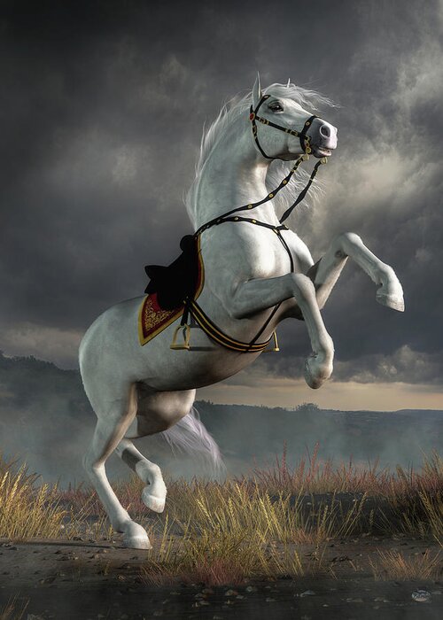 White Horse Greeting Card featuring the digital art Rearing White Horse by Daniel Eskridge