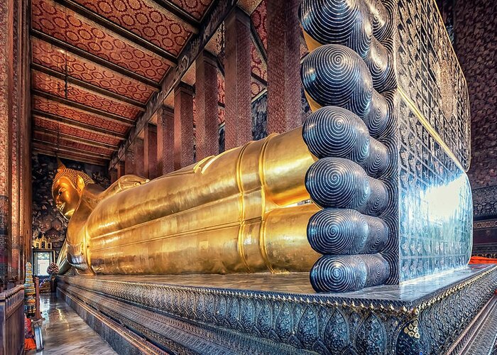 Ancient Greeting Card featuring the photograph Reclining Buddha by Manjik Pictures