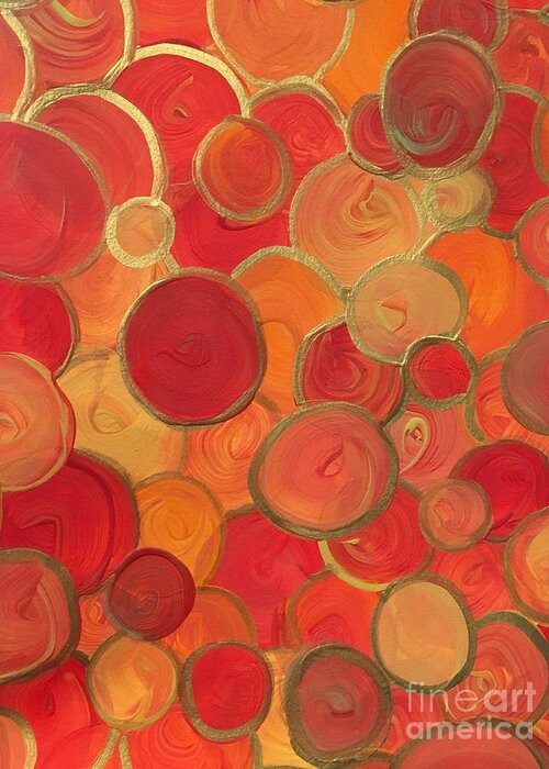 Abstract Greeting Card featuring the painting Red and Gold Bubbles by Debora Sanders