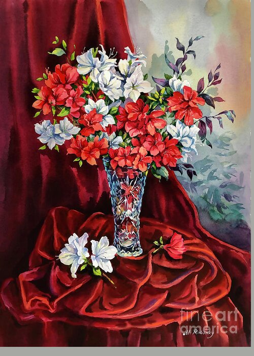 Still Life Greeting Card featuring the painting Red and White Azaleas by Maria Rabinky
