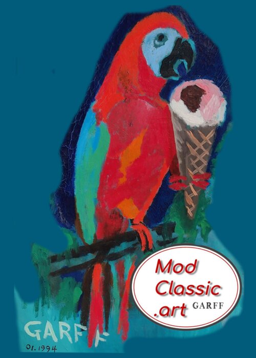 Parrot Greeting Card featuring the painting Red Ara with Ice Cream ModClassic Art by Enrico Garff