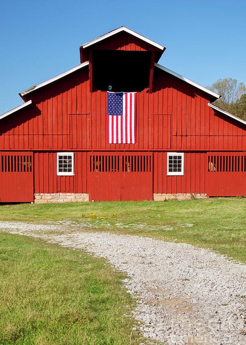 Red Barn Greeting Card featuring the photograph Red Barn with American Flag - Tennessee III by Brian Jannsen