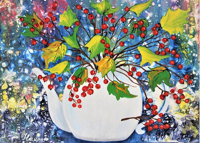 Wall Art Home Decor Red Berries Yellow Leaves Viburnum Red Teapot Abstract Painting Acrylic Painting Pouring Art Pouring Technique Gift Idea Gallery Art Greeting Card featuring the painting Red Berries by Tanya Harr