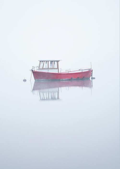 Red Boat Greeting Card featuring the photograph Red Boat in the Mist, Coniston Water by Anita Nicholson