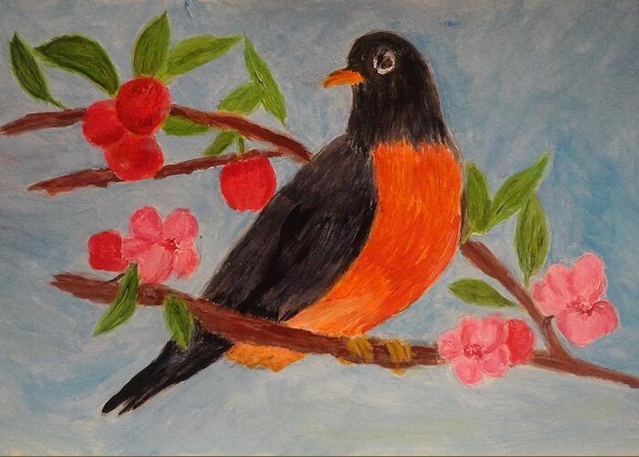 Red Breast Robin Greeting Card featuring the painting Red Breast Robin  by Rosie Foshee