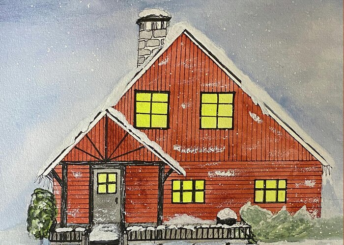 Cabin Greeting Card featuring the mixed media Red Cabin in Snow by Lisa Neuman