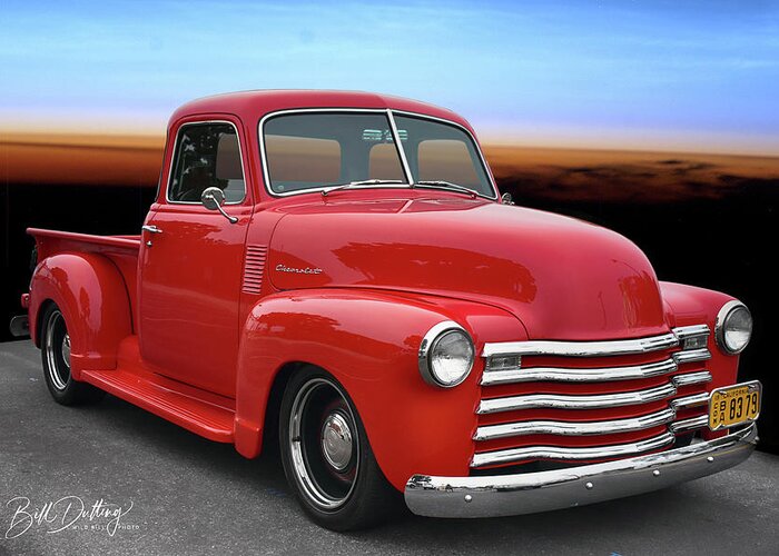 Red Greeting Card featuring the photograph Red Chevy pickup by Bill Dutting