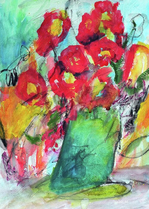 Cosmos; Loose Floral; Floral Abstract; Fall Bouquet; Autumn Bouquet; Red And Yellow Bouquet; Flower Painting; Green And Aqua Vase; Playful Bouquet; Welcome; New Home; From The Garden; Love; Friendship;unique Floral; Greeting Card featuring the painting Red Cosmos In Autumn Sun by Haleh Mahbod