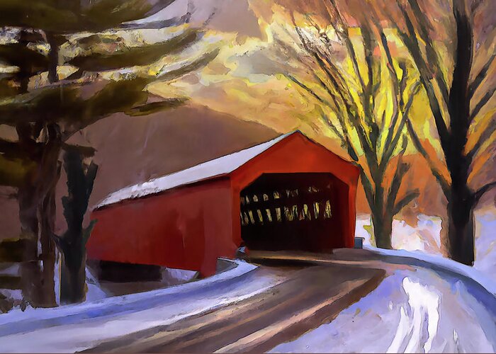 Covered Bridge Greeting Card featuring the digital art Red Covered Bridge in the Winter by Alison Frank