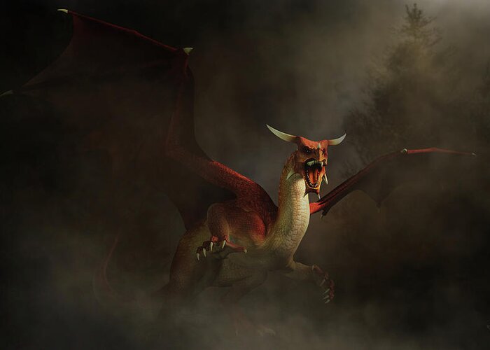 Red Dragon Greeting Card featuring the digital art Red Dragon and Dark Smoke by Daniel Eskridge