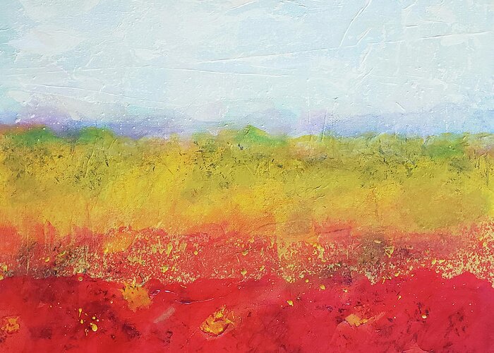 Red Earth Greeting Card featuring the mixed media RED EARTH Abstract Landscape in Red Yellow Blue White by Lynnie Lang