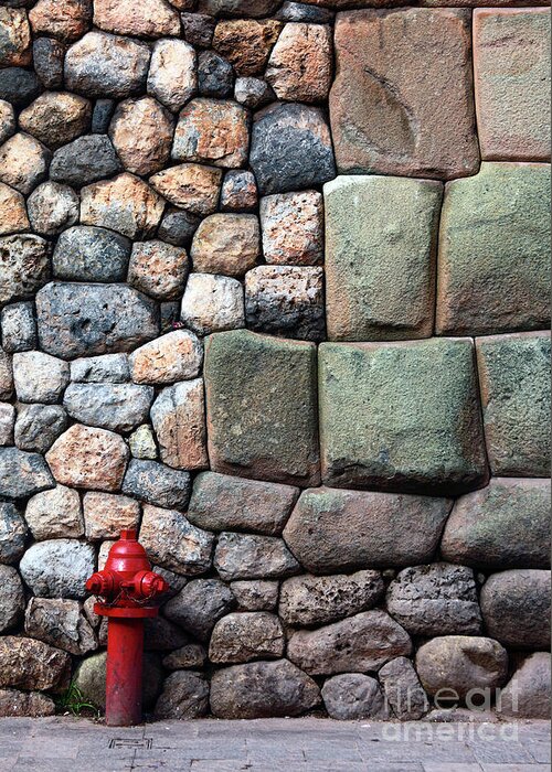Fire Hydrant Greeting Card featuring the photograph Red Fire Hydrant and Inca Wall Cusco Peru by James Brunker