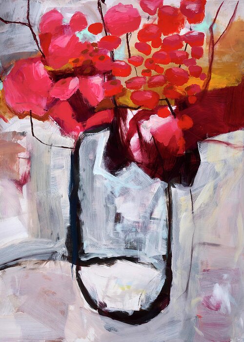 Abstract Art Greeting Card featuring the painting Red Flowers in a Jar by Jane Davies