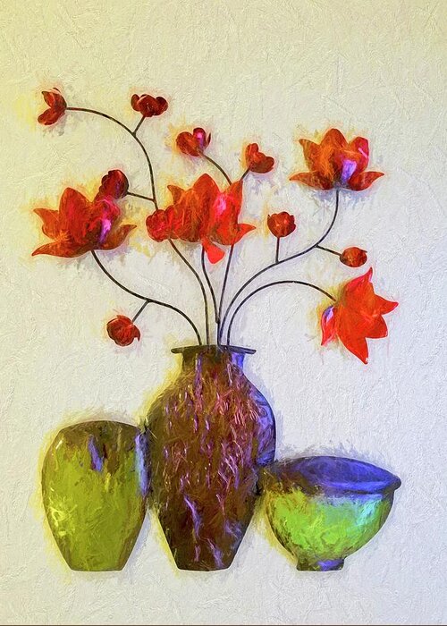 Red Greeting Card featuring the photograph Red Flowers In Copper Vase by Carolyn Marshall