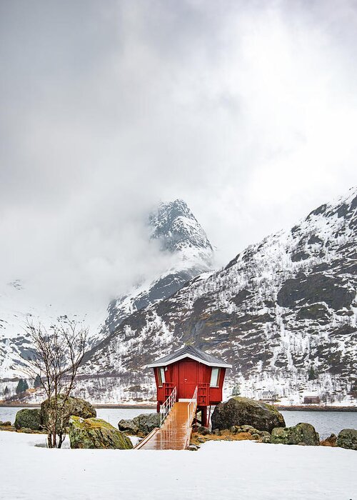 #norway #lofoten #landscape #nature #cabin #mountain #outdoor #snow Greeting Card featuring the photograph Red Hot Spot by Philippe Sainte-Laudy