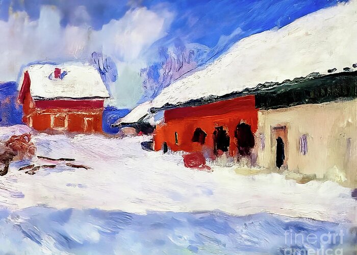 French Greeting Card featuring the painting Red Houses at Bjornegaard in the Snow, Norway by Claude Monet 18 by Claude Monet