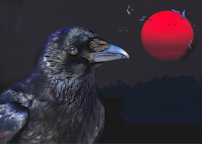 Raven Greeting Card featuring the digital art Red Moon Raven by Theresa Tahara