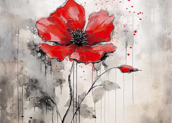 Red And Gray Greeting Card featuring the painting Red Poppy Paintings in Impressionist Style by Lourry Legarde