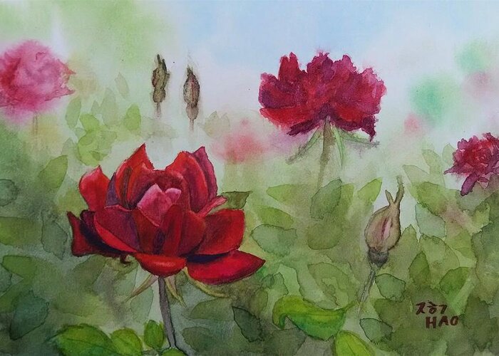 Rose Greeting Card featuring the painting Red Roses by Helian Cornwell