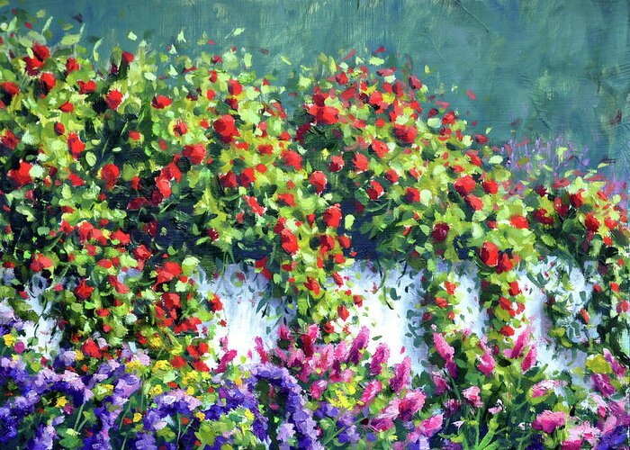 Garden Scene Greeting Card featuring the painting Red Rose's over the Fence by Rick Hansen