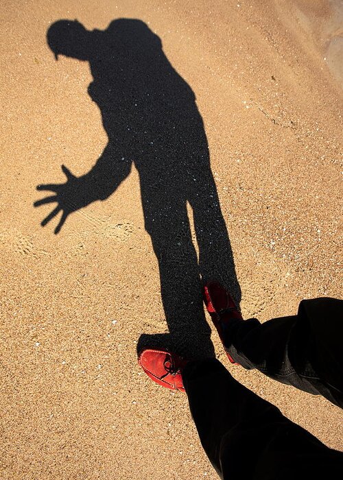 Silhouette #shadow Photography #artwork Style #shadow And Light #sandy Beach#red Shoes#jurmala Beach Greeting Card featuring the photograph Red Shoes /Jurmala by Aleksandrs Drozdovs
