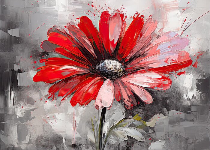 Red And Gray Art Greeting Card featuring the painting Red Spectacular- Red Gerbera Daisy Painting by Lourry Legarde